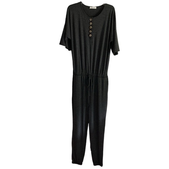Zenana Dark Gray Short Sleeve Scoop Neck Tall Jumpsuit - Picture 1 of 5